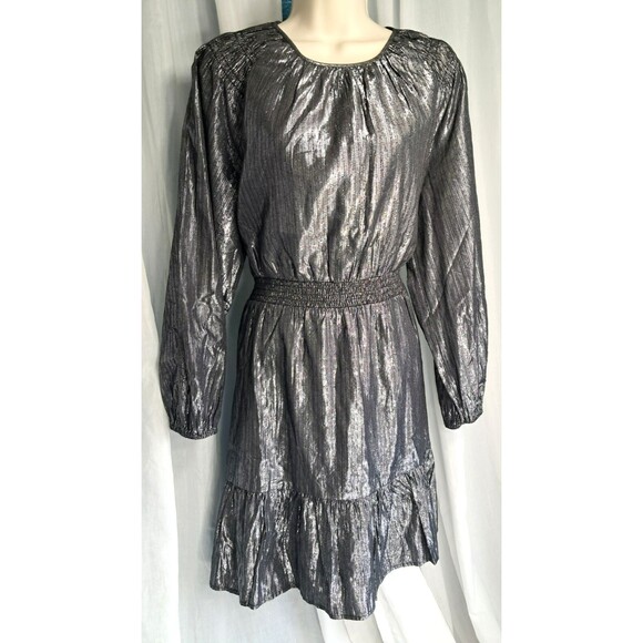 LOFT Women’s Silver Metallic Shimmer Smocked Flounce Dress Size Med - Picture 2 of 11